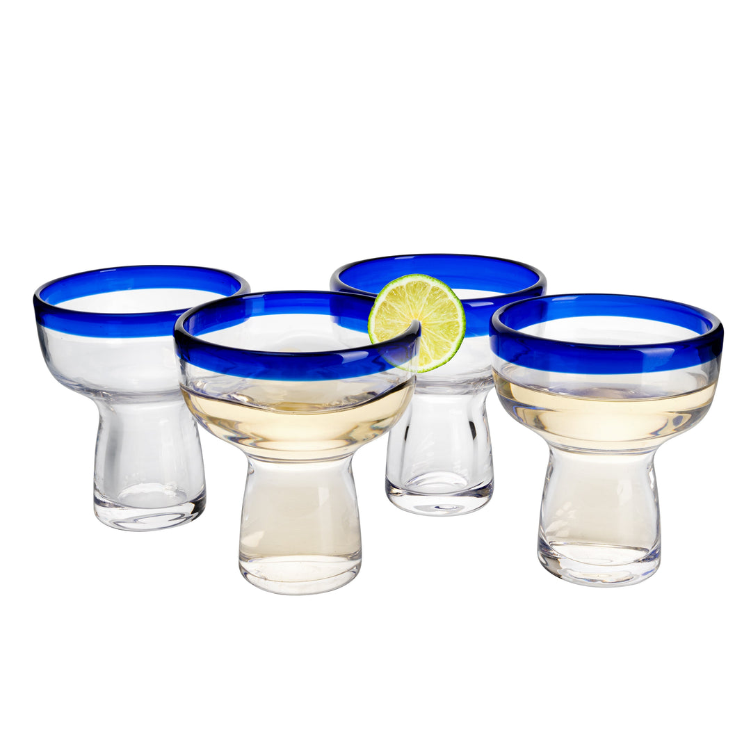 Mexican Hand Blown Blue Rim Margarita Glasses - Set of 4 - Stemless Glass Luxury Hand Blown Mexico Margarita, Martini & Champagne Glasses Cinco de Mayo Glass, Large Party Cobalt Mexico Blue Rim Design by The Wine Savant