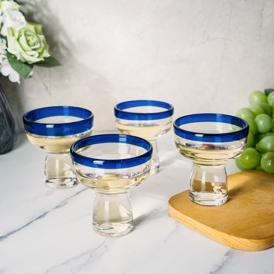 Mexican Hand Blown Blue Rim Margarita Glasses - Set of 4 - Stemless Glass Luxury Hand Blown Mexico Margarita, Martini & Champagne Glasses Cinco de Mayo Glass, Large Party Cobalt Mexico Blue Rim Design by The Wine Savant