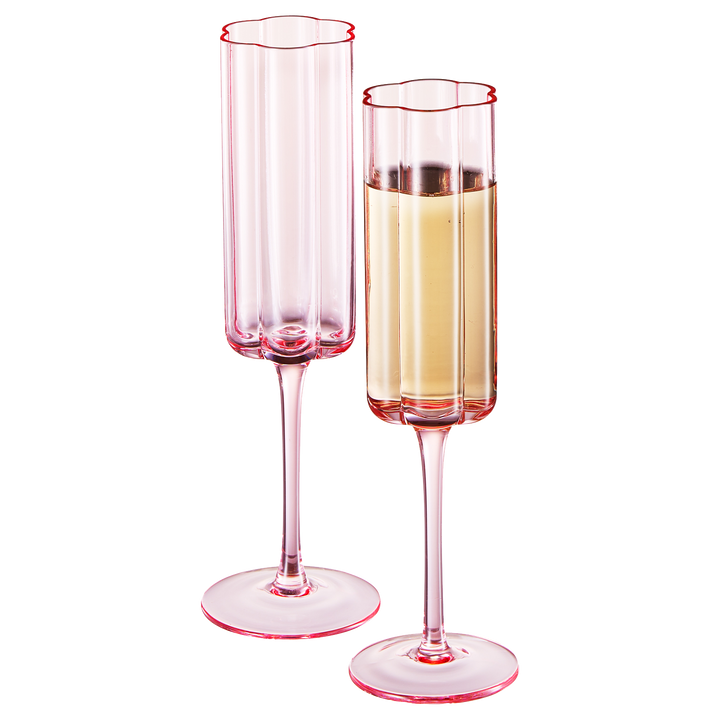 Flower Vintage Champagne Flute Glassware - Set of 2 - 7.4 oz Colorful Cocktail, Martini & Champagne Glasses, Prosecco, Mimosa Glasses Set, Cocktail Glass, Bar Glassware Luster Glasses 9" X 2" (Pink) by The Wine Savant