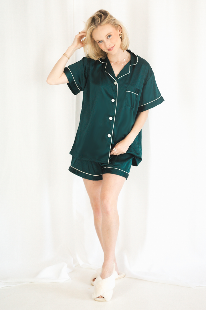 Forest Green Satin Pajamas Shorts Set by Spikes and Seams