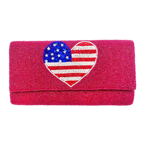 American USA Flag Heart Seed Beaded Clutch Crossbody Bag by Madeline Love