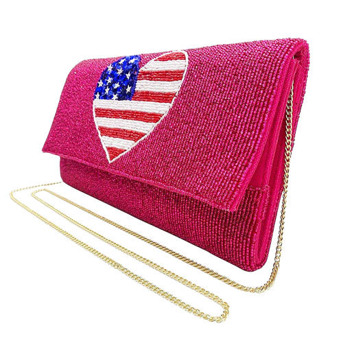 American USA Flag Heart Seed Beaded Clutch Crossbody Bag by Madeline Love