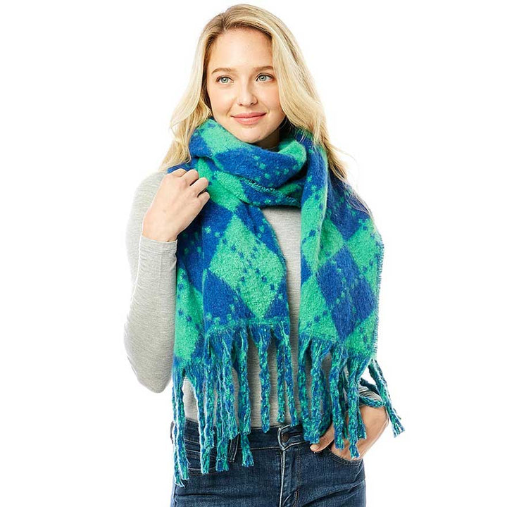 Argyle Print Oblong Scarf With Fringe by Madeline Love