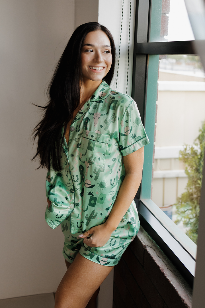 Green Rodeo Satin Pajamas by Spikes and Seams