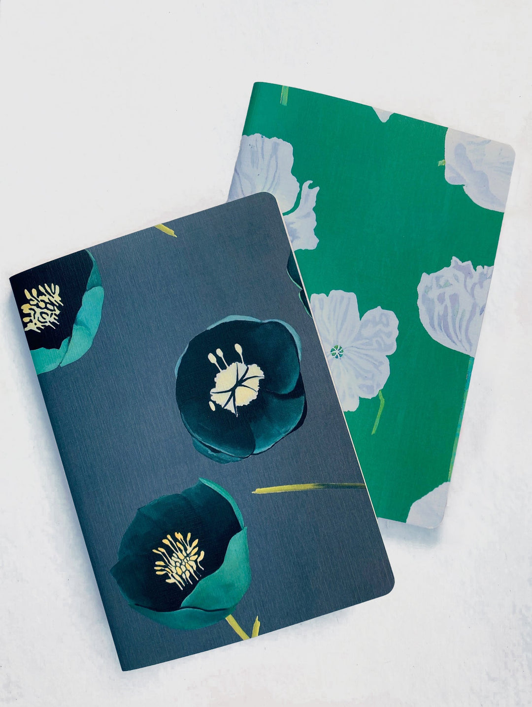 Notebook Set:  Green Winter Rose & White Poppies on Emerald by India & Purry