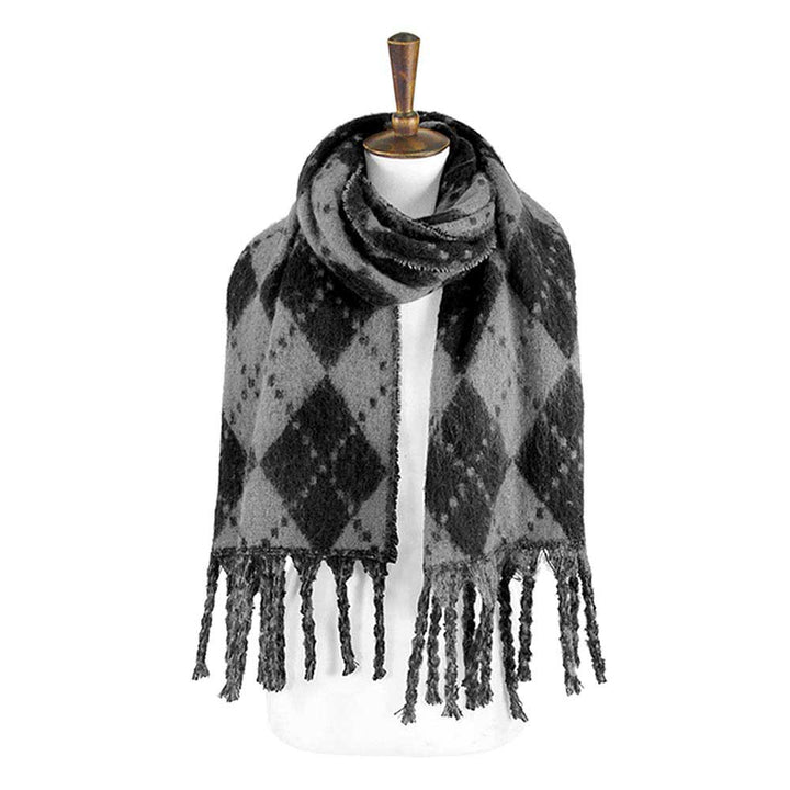 Argyle Print Oblong Scarf With Fringe by Madeline Love