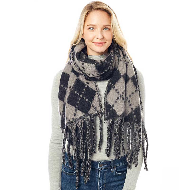 Argyle Print Oblong Scarf With Fringe by Madeline Love