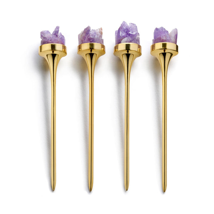 Hospitality Cocktail Picks, Gold & Amethyst Druze, Set of 4 by ANNA New York