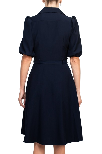 Sharagano Collared Short Sleeve Button Front Closure Tie Waist Solid Stretch Crepe Dress With Pockets