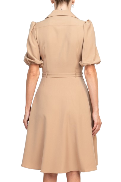 Sharagano Collared Short Sleeve Button Front Closure Tie Waist Solid Stretch Crepe Dress With Pockets