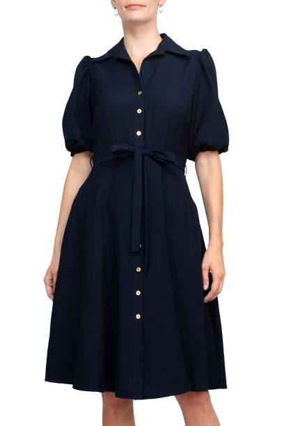 Sharagano Collared Short Sleeve Button Front Closure Tie Waist Solid Stretch Crepe Dress With Pockets