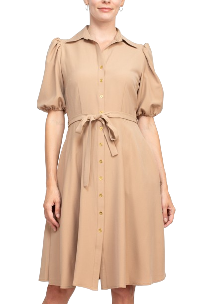 Sharagano Collared Short Sleeve Button Front Closure Tie Waist Solid Stretch Crepe Dress With Pockets