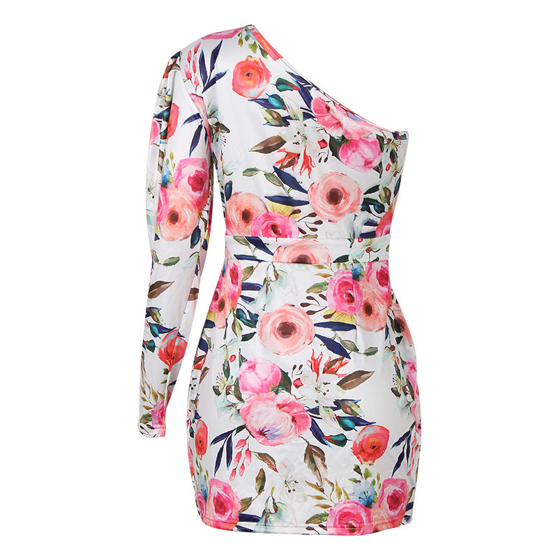 Spring Flowers One Shoulder Slim Fit Dress