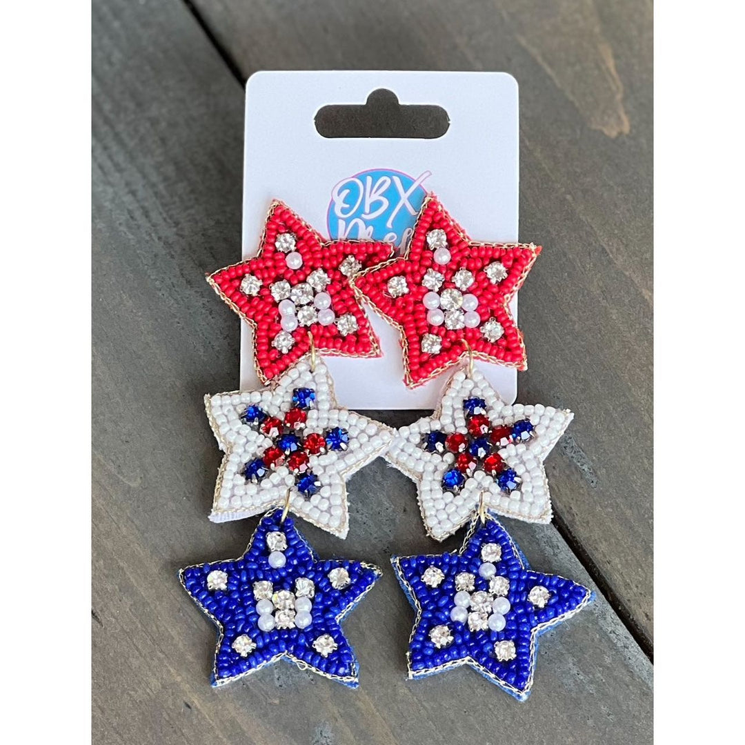 Handmade Patriotic Red White and Blue Triple Stars Earrings by OBX Prep