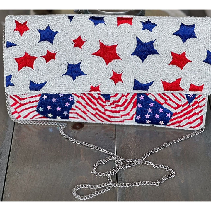 Patriotic Red White Blue Stars Stripes Seed Beaded Handbag by OBX Prep