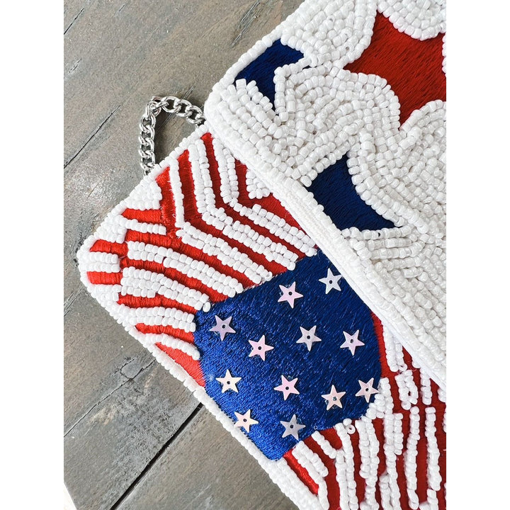 Patriotic Red White Blue Stars Stripes Seed Beaded Handbag by OBX Prep