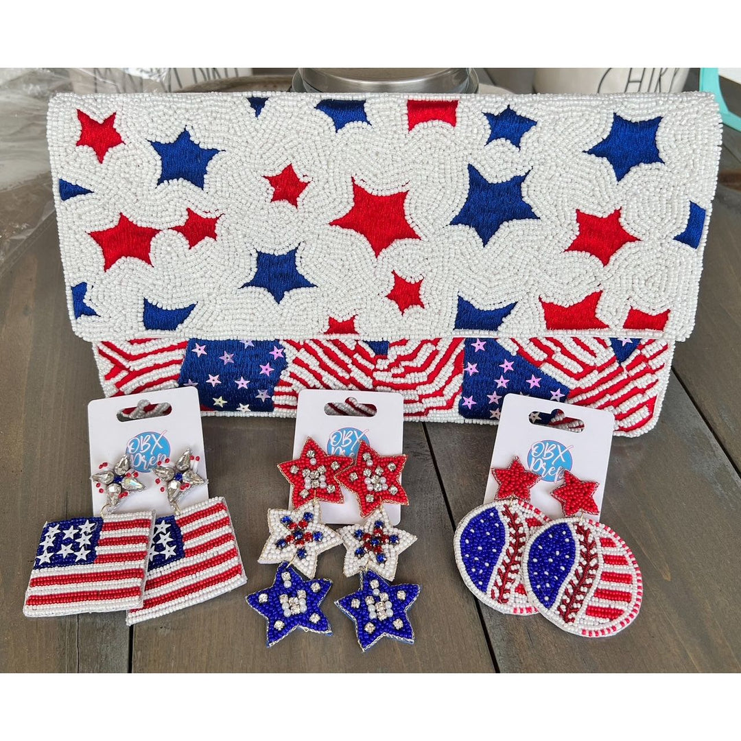 Patriotic Red White Blue Stars Stripes Seed Beaded Handbag by OBX Prep