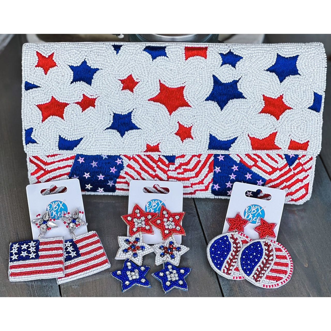 Patriotic Red White Blue Stars Stripes Seed Beaded Handbag by OBX Prep