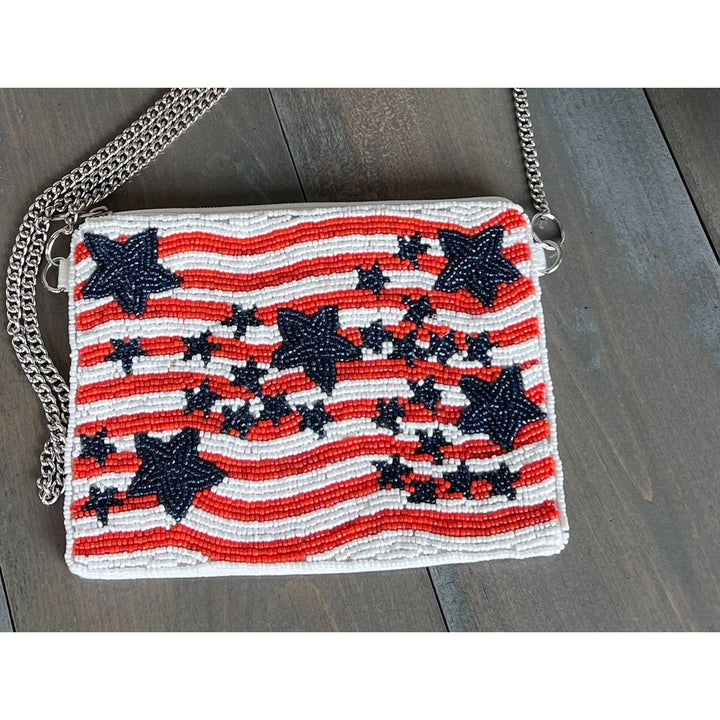 Patriotic Red White Blue Stars Stripes Beaded Coin Purse by OBX Prep