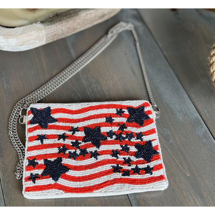 Patriotic Red White Blue Stars Stripes Beaded Coin Purse by OBX Prep