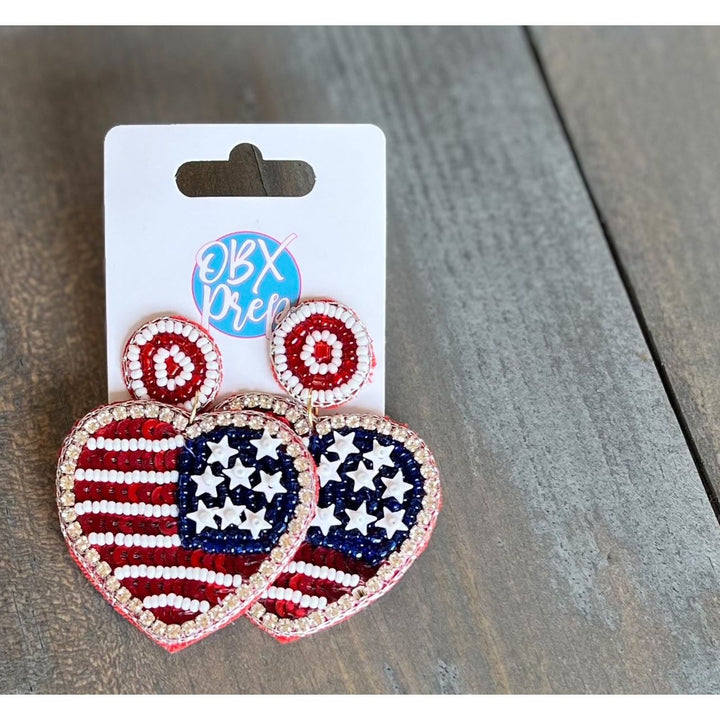 American Flag Heart Seed Bead Dangle Earrings by OBX Prep