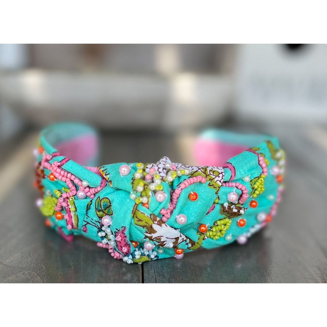 Lilly Aqua Floral Top Knot Seed Beaded Headband by OBX Prep