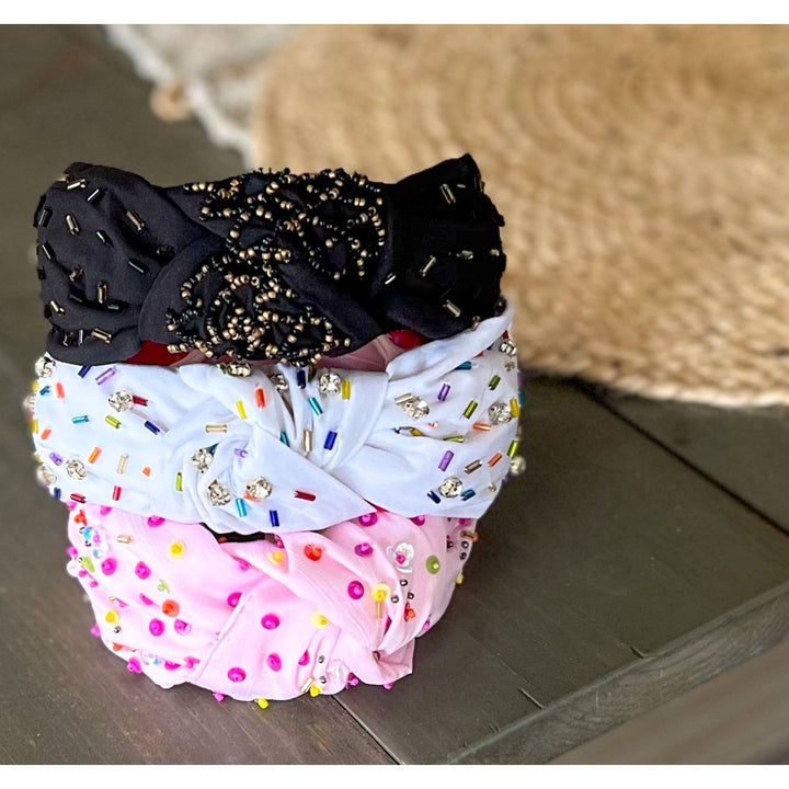 Confetti Beaded Top Knot Headband in Pink, Black and Gold, and White Multi-Colors by OBX Prep