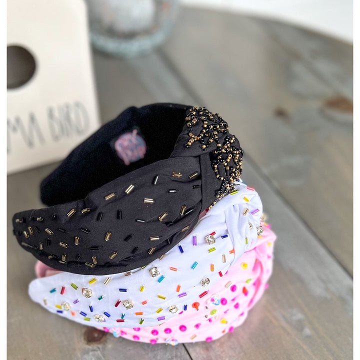 Confetti Beaded Top Knot Headband in Pink, Black and Gold, and White Multi-Colors by OBX Prep