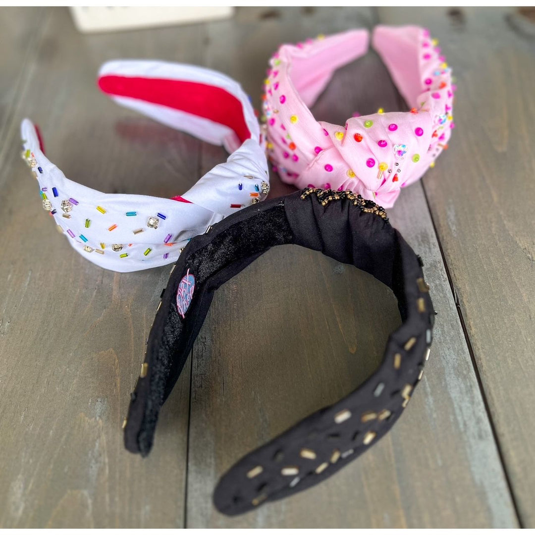 Confetti Beaded Top Knot Headband in Pink, Black and Gold, and White Multi-Colors by OBX Prep