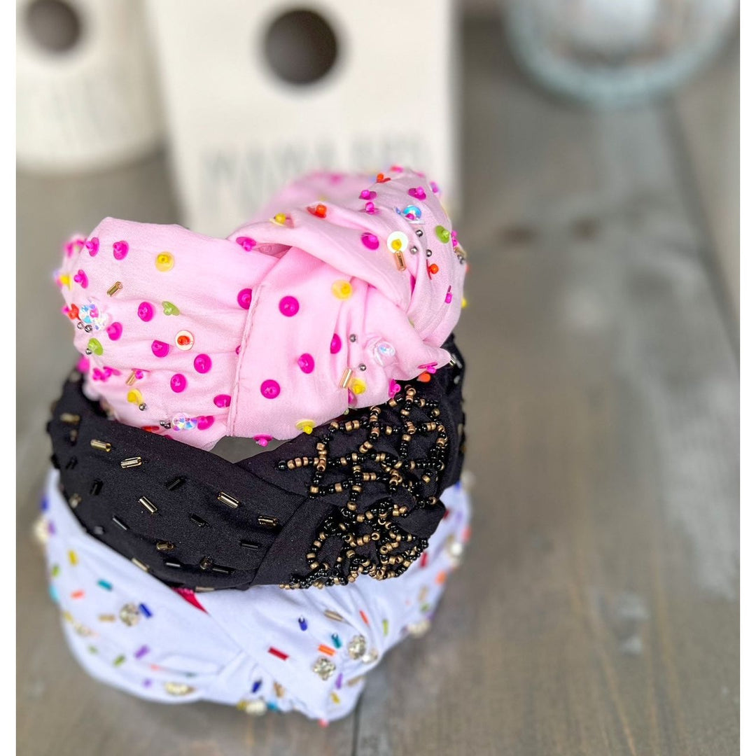 Confetti Beaded Top Knot Headband in Pink, Black and Gold, and White Multi-Colors by OBX Prep