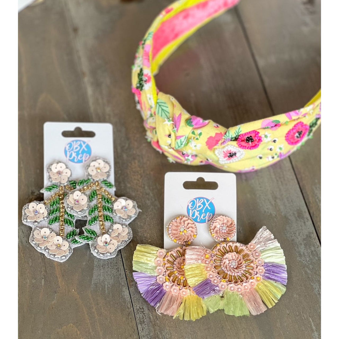 Raffia Fringe Sequin Flower Disc Drop Earrings by OBX Prep