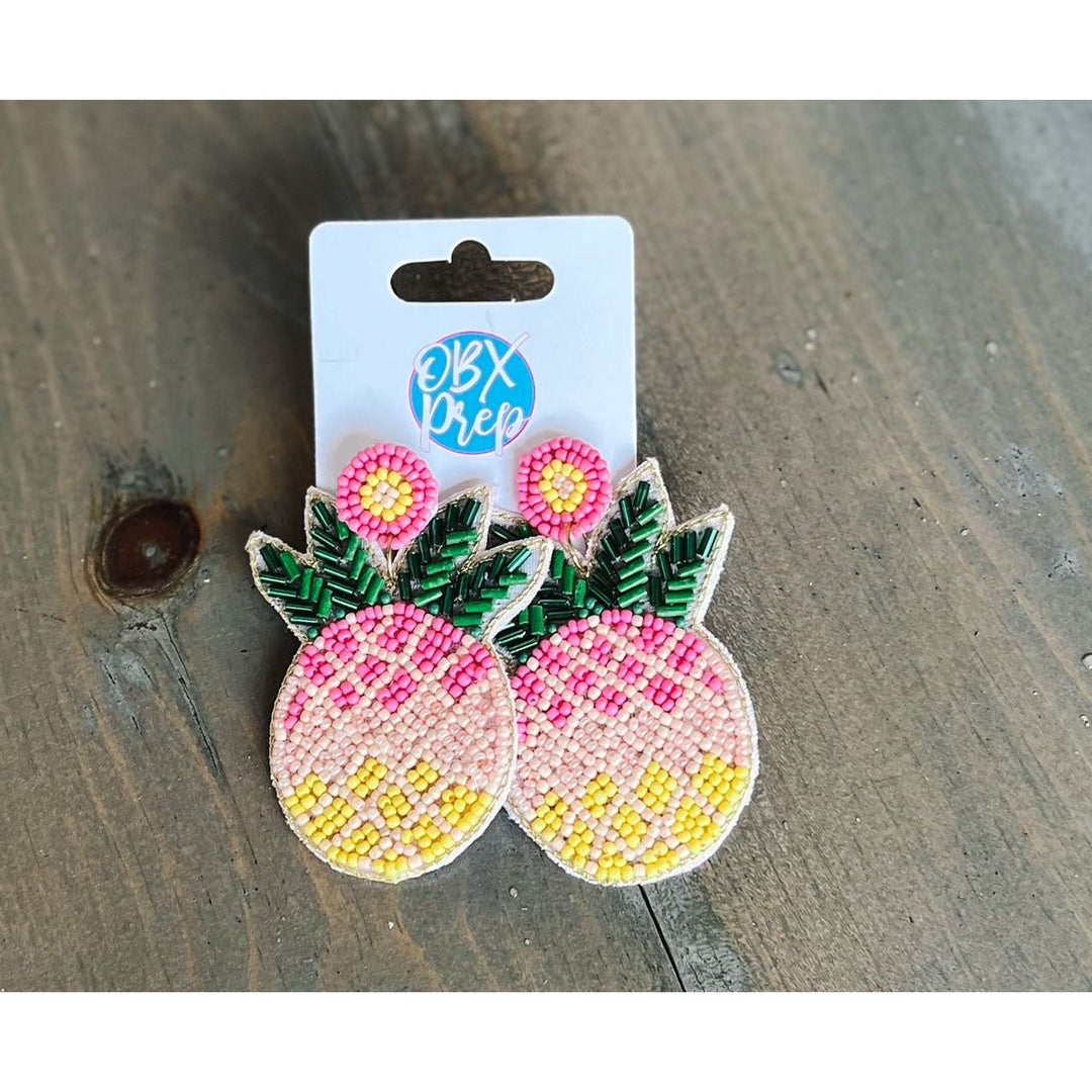 Bright Summer Pink Pineapple Seed Bead Dangle Earrings by OBX Prep