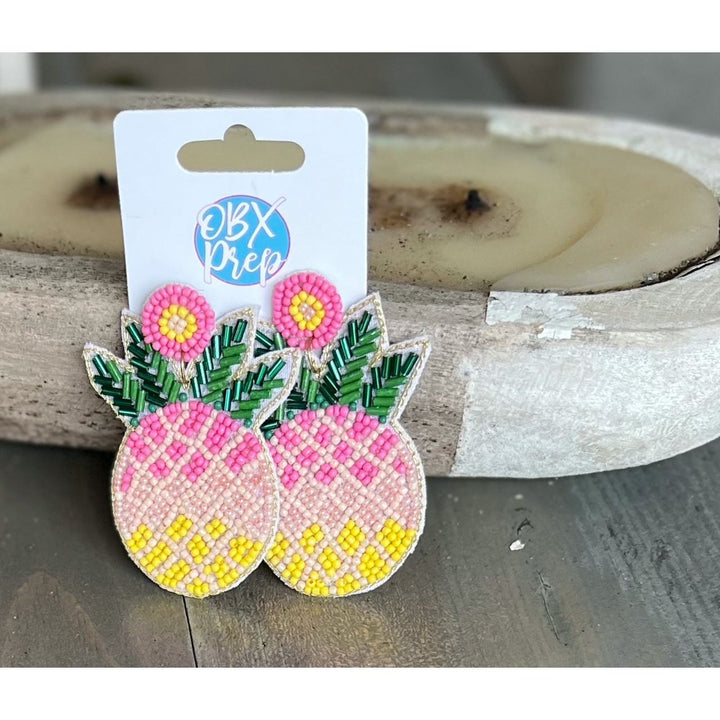 Bright Summer Pink Pineapple Seed Bead Dangle Earrings by OBX Prep