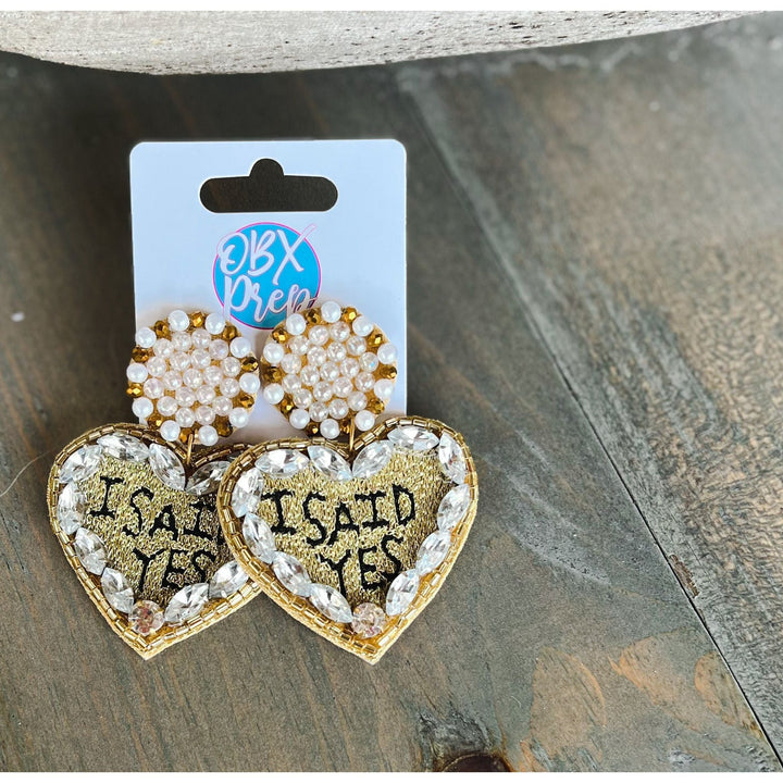 I Said Yes Gold Bride to Be Rhinestone Dangle Earrings by OBX Prep