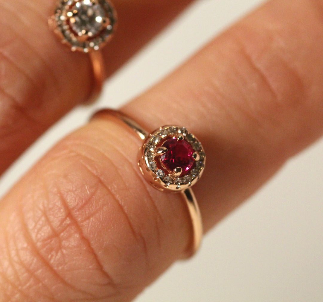 14k Gold Ruby with Diamond Halo Engagement Ring by VicStonenNYC Fine Jewelry