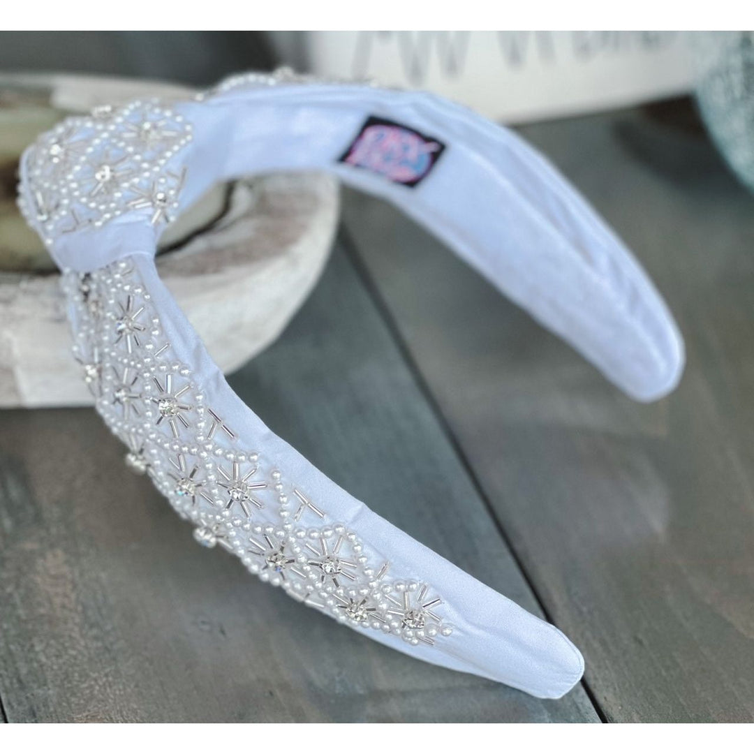 Pearl and Rhinestone Seed Beaded Top Knot Headband by OBX Prep