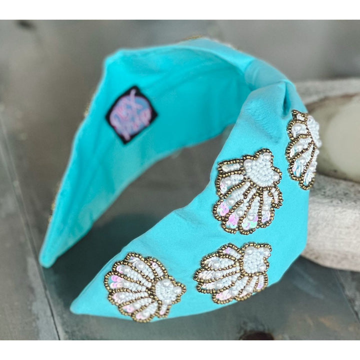 Seashell Seed Beaded Turquoise Top Knot Headband by OBX Prep