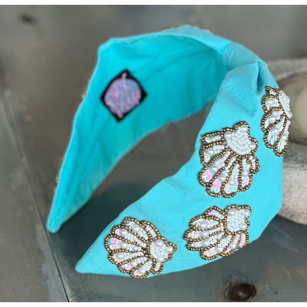 Seashell Seed Beaded Turquoise Top Knot Headband by OBX Prep