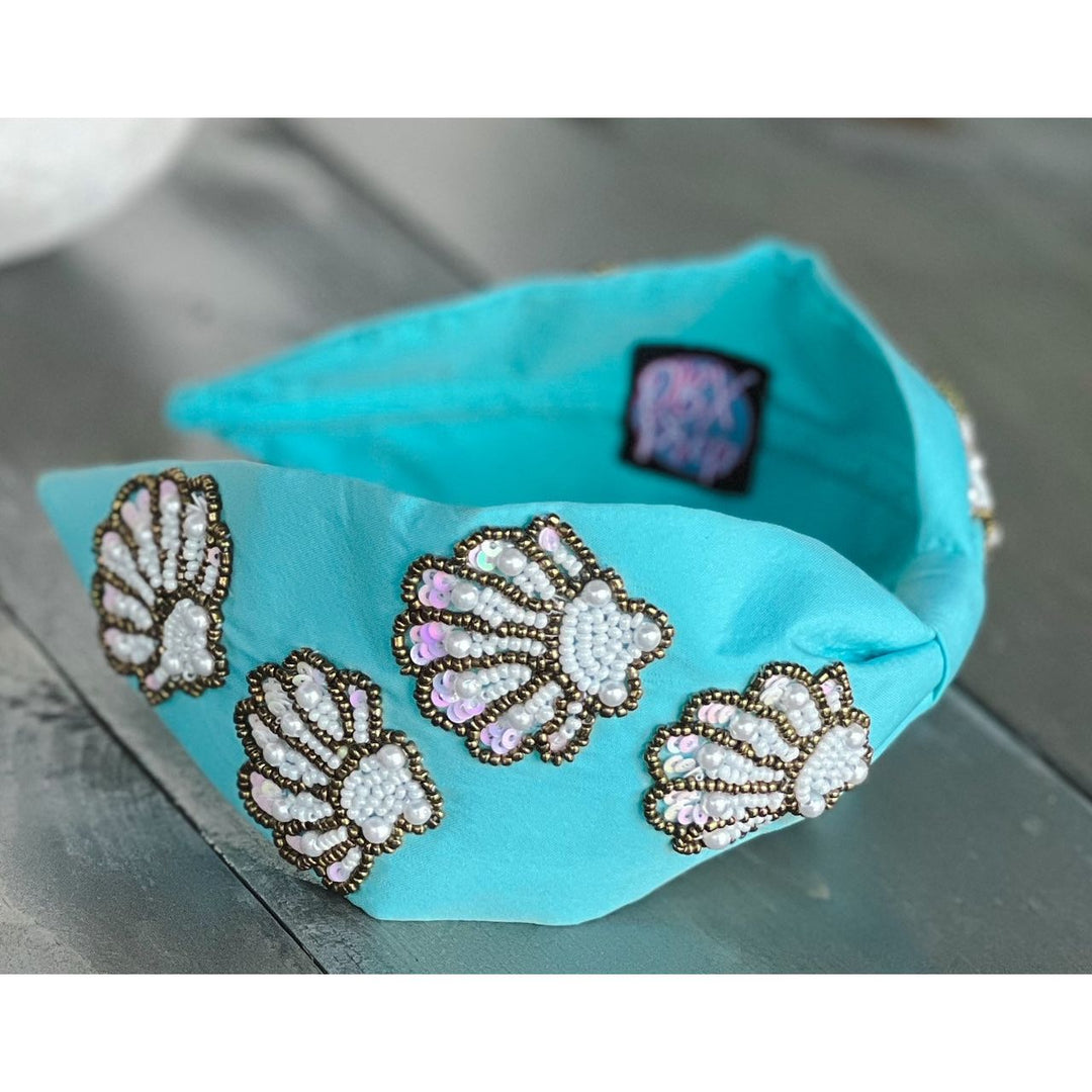 Seashell Seed Beaded Turquoise Top Knot Headband by OBX Prep