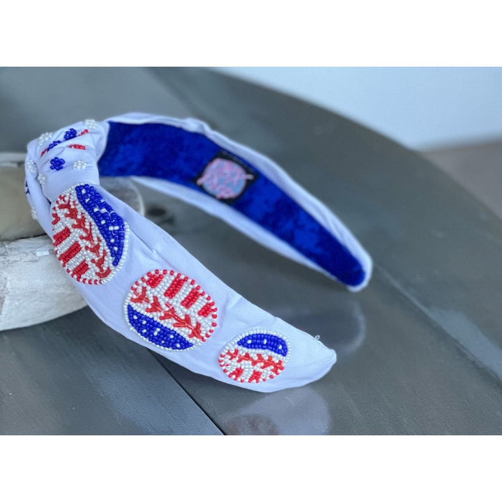 Patriotic Baseball Seed Beaded Top Knot Headband by OBX Prep