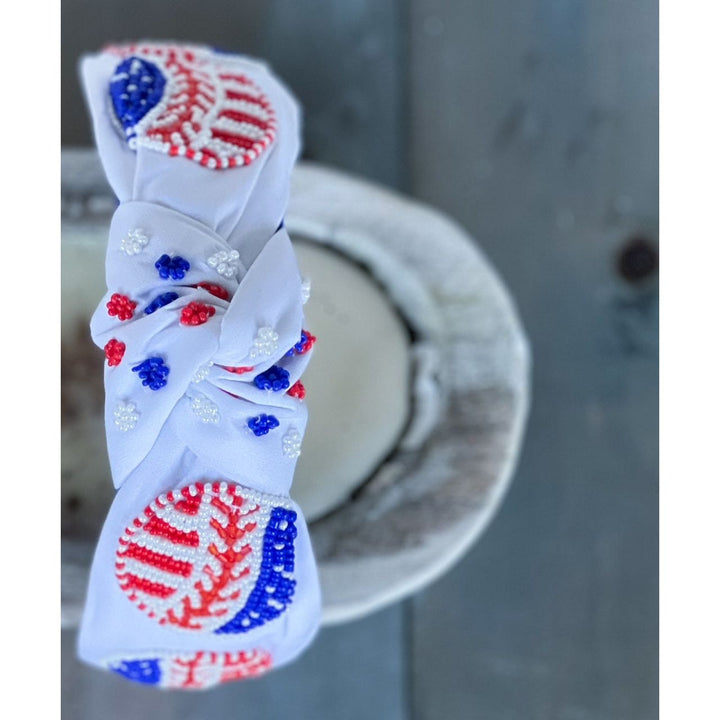 Patriotic Baseball Seed Beaded Top Knot Headband by OBX Prep