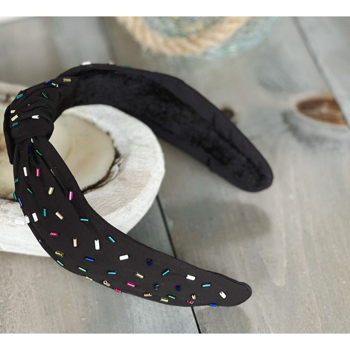 Confetti Beaded Top Knot Headband in Pink, Black and Gold, and White Multi-Colors by OBX Prep