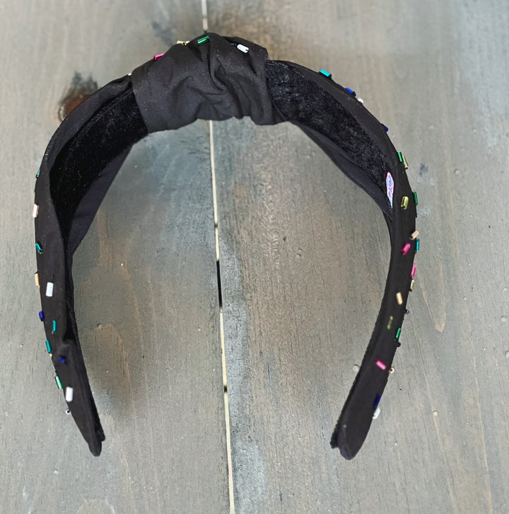 Confetti Beaded Top Knot Headband in Pink, Black and Gold, and White Multi-Colors by OBX Prep