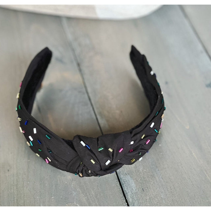 Confetti Beaded Top Knot Headband in Pink, Black and Gold, and White Multi-Colors by OBX Prep