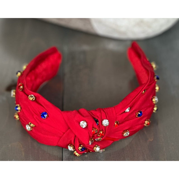 Patriotic Red, White, and Blue Jeweled Top Knot Red Headband 4th of July by OBX Prep