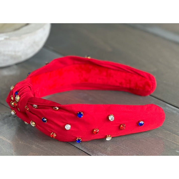 Patriotic Red, White, and Blue Jeweled Top Knot Red Headband 4th of July by OBX Prep