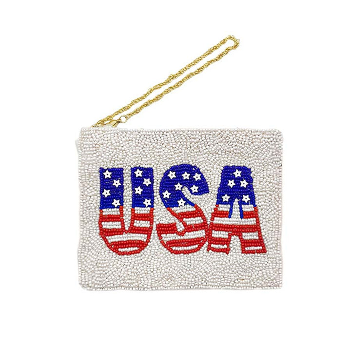 American USA Flag Message Seed Beaded Mini Pouch Bag by Madeline Love