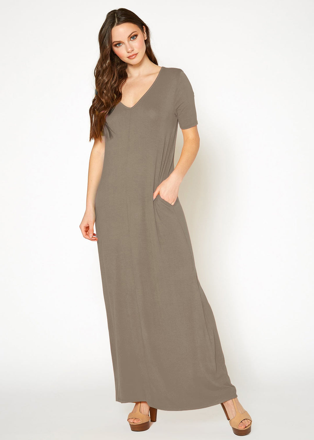 V-neck Short Sleeve Maxi Dress With Pockets