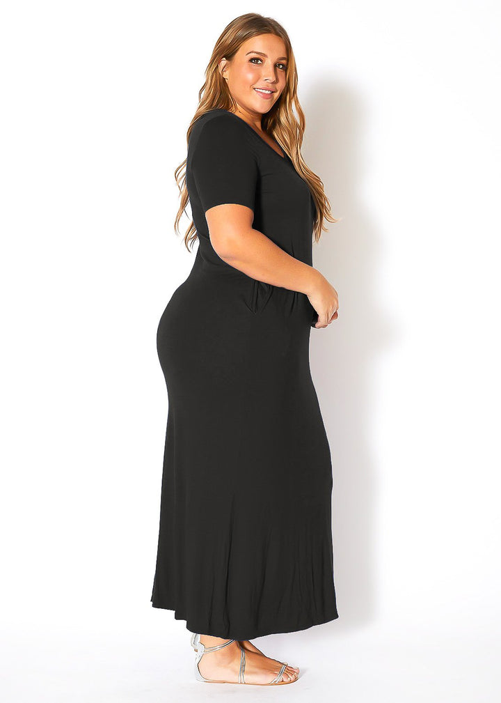 Plus Size V-neck Short Sleeve Maxi Dress With Pockets