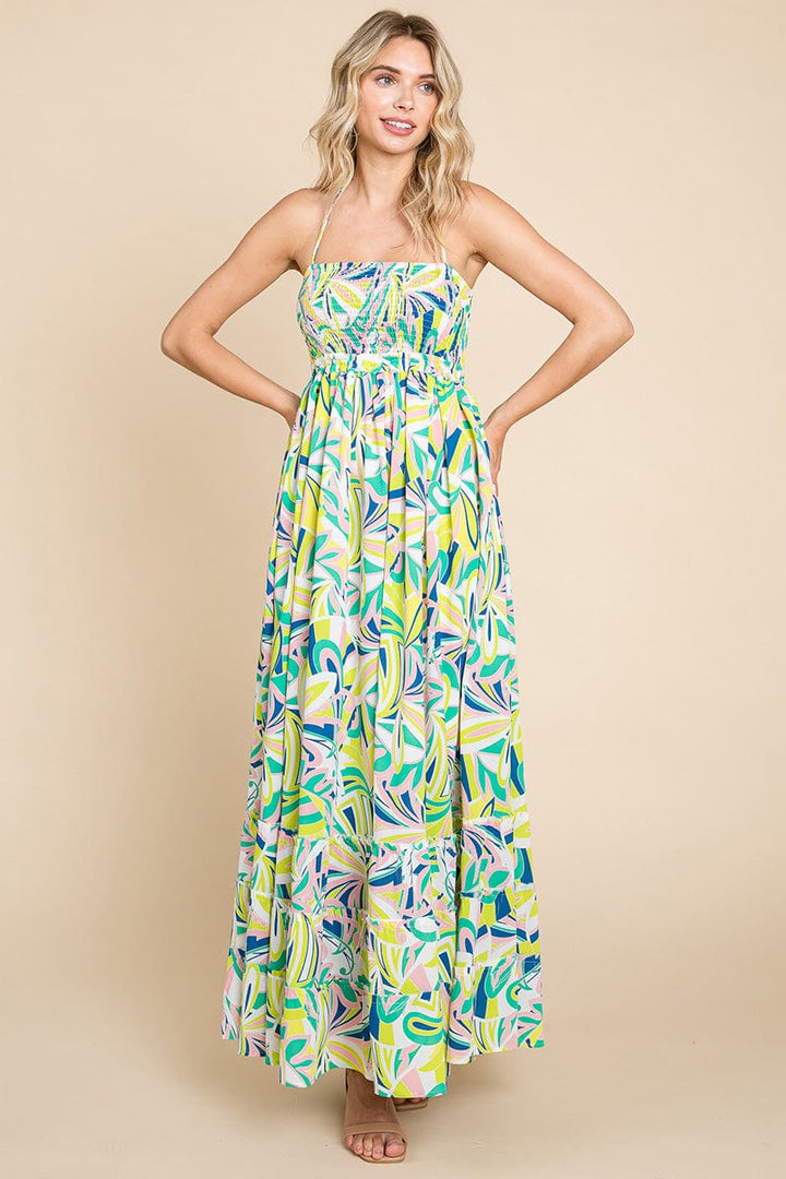 Floral Shirred Bodice Halter Cami Sun Maxi Dress by RolyPoly Apparel